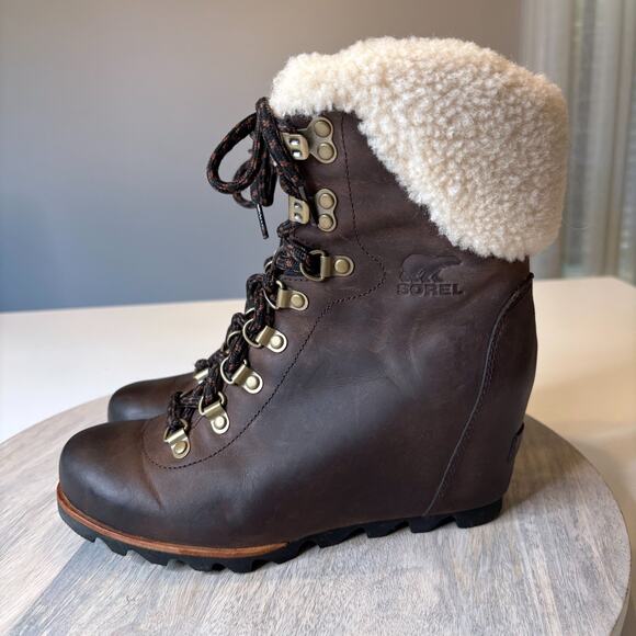 Sorel Conquest Wedge II Shearling Lace Up Boots Brown Leather Size 8 - Picture 2 of 12